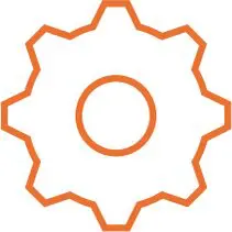 An orange and white icon of a gear.