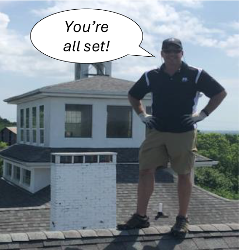 A man standing on top of a roof with a speech bubble above him.