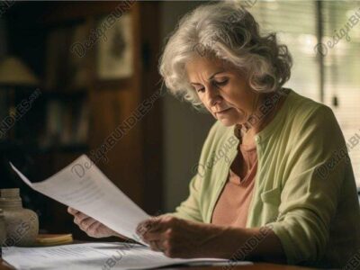 A woman sitting at the table looking down at papers.