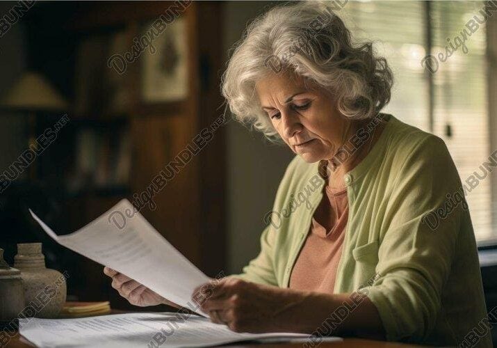 A woman sitting at the table looking down at papers.