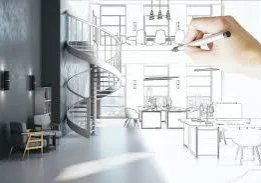 A hand drawing a room with spiral stairs.