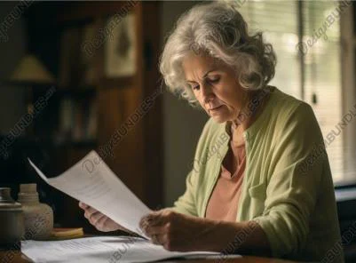 A woman sitting at the table reading paper.