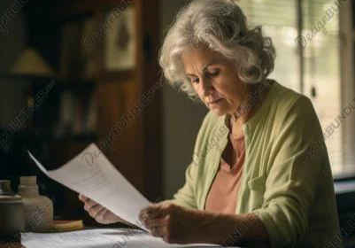 A woman sitting at the table reading paper.